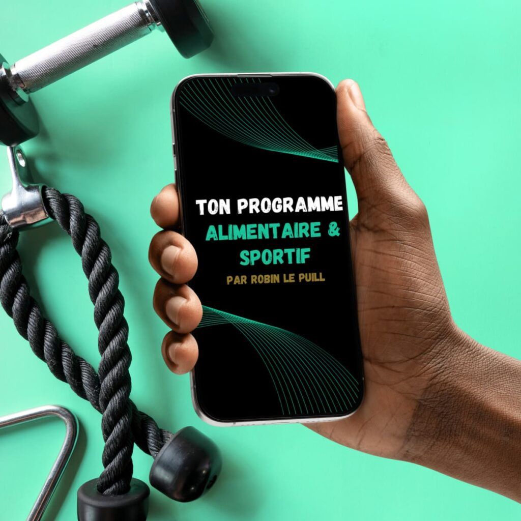 MYR PROT BOX programme alimentaire et sportif affiché sur smartphone avec accessoires de fitness