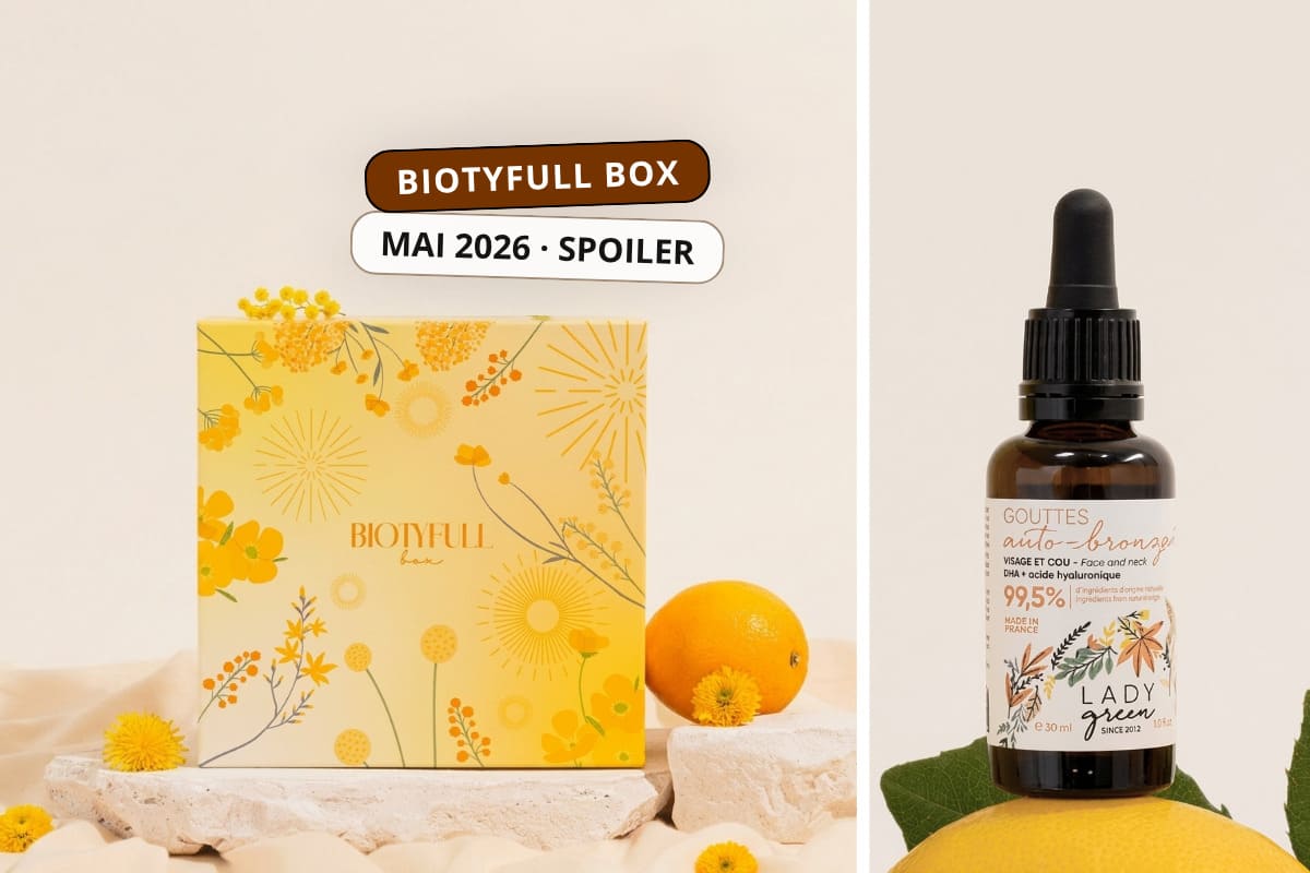 Biotyfull Box de mai 2026 au design printanier avec flacon de gouttes auto-bronzantes Lady Green en spoiler