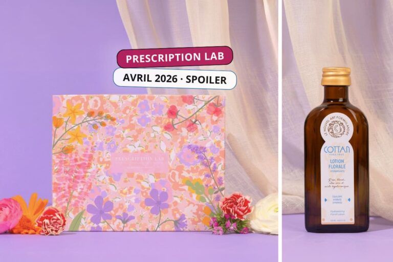 Spoiler Prescription Lab avril 2026 avec la box beauté au design floral et la lotion florale hydratante Cottan