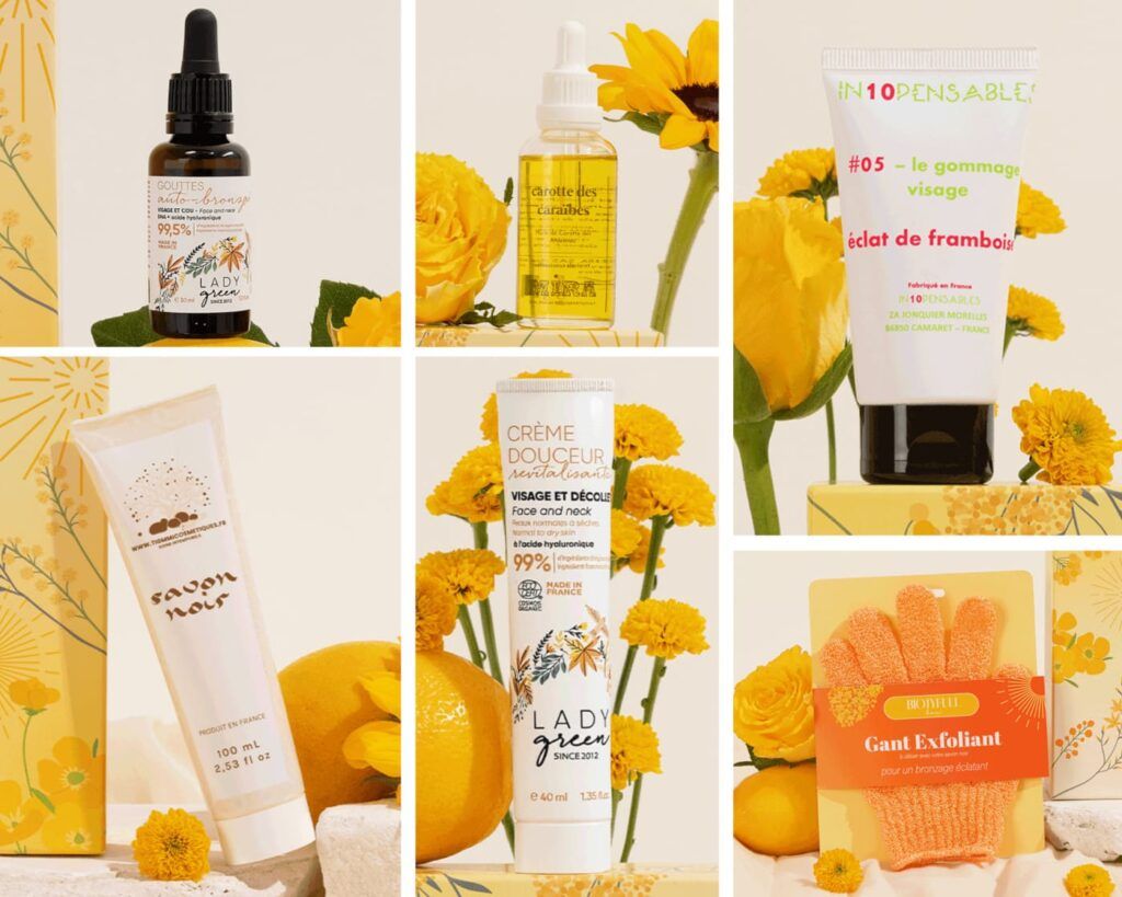 Collage de produits de beauté avec gouttes auto-bronzantes et crème Lady Green, huile carotte des Caraïbes Mira, gommage visage et gant exfoliant