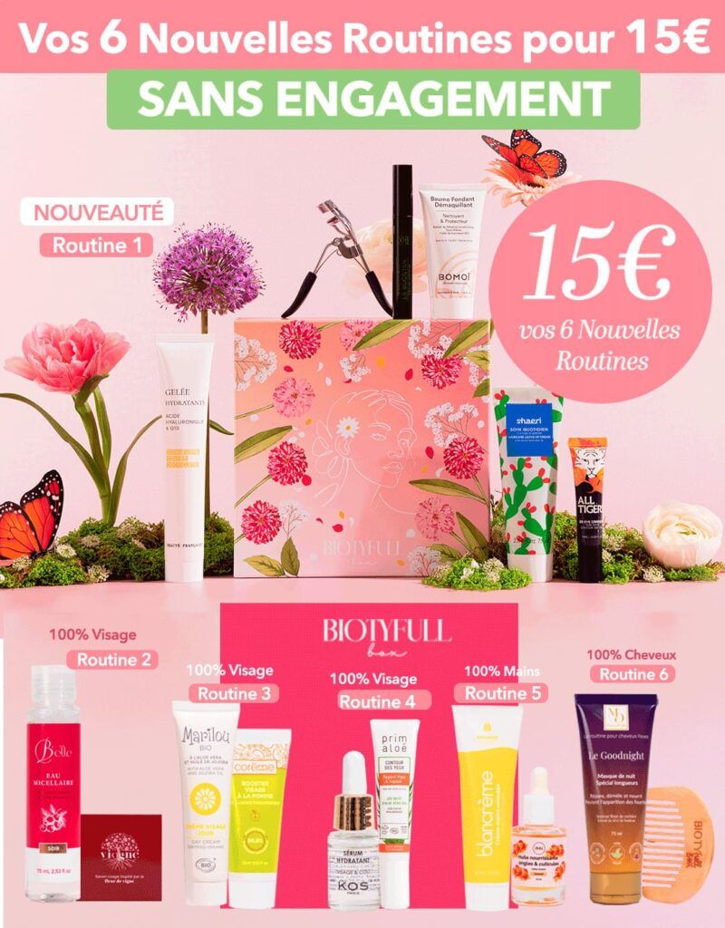 Offre Biotyfull Box valable jusqu’à fin avril avec 6 routines beauté pour 15 euros sans engagement et sélection de produits cosmétiques