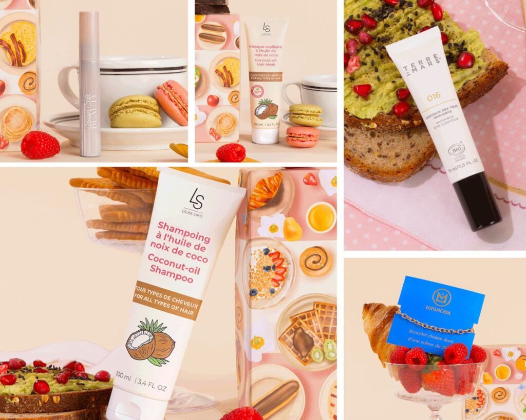 Collage de produits de beauté Glowria avec shampoing coco, masque capillaire et contour des yeux Terre de Mars
