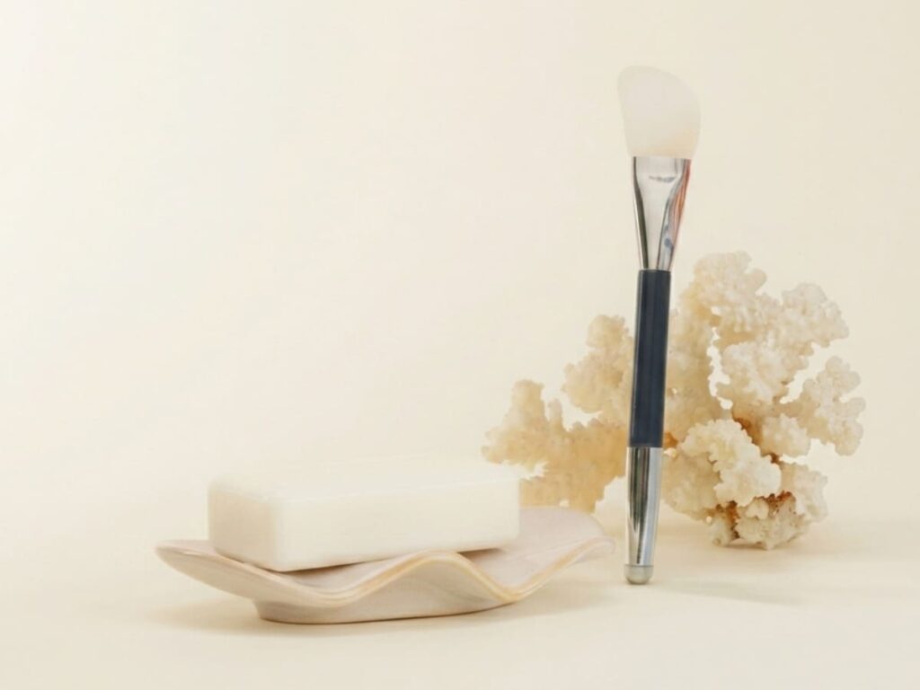 Accessoires avec pinceau applicateur et porte-savon en forme de coquillage sur fond clair