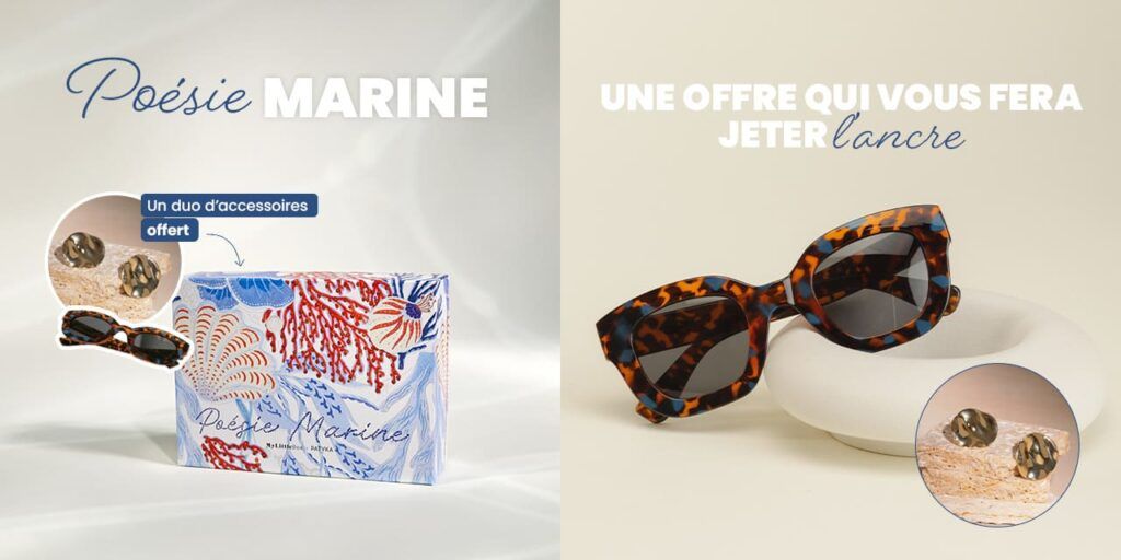 Offre promotionnelle My Little Box offrant 2 accessoires (lunettes et boucles d'oreilles) en plus de la box de mai