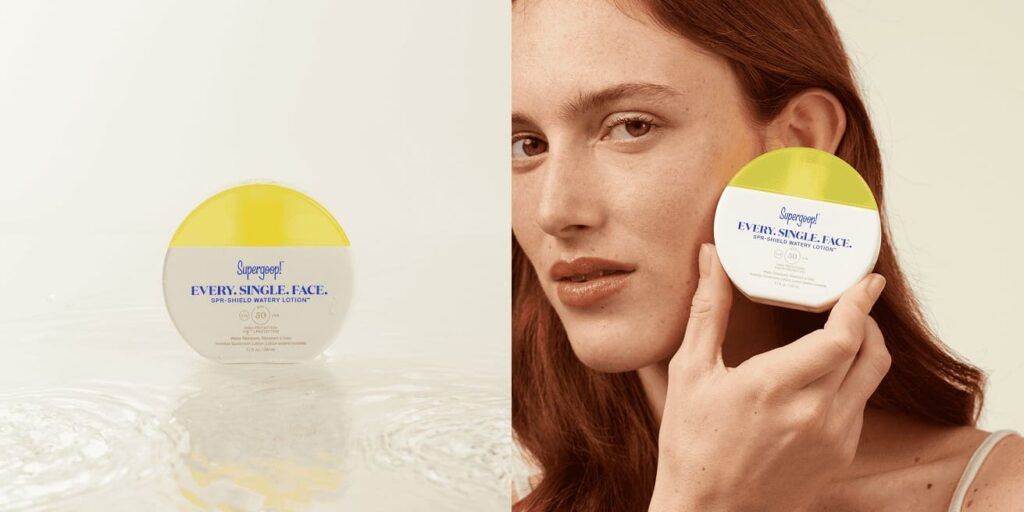 Produit My Little Extra Supergoop avec lotion SPF tenue en main et appliquée sur la peau