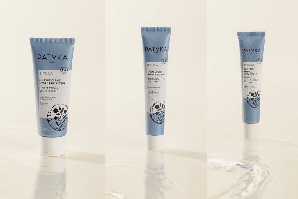 Collage de produits de beauté Patyka avec trois soins hydratants présentés sur fond clair