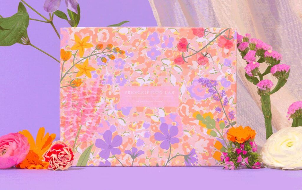 Design de la box Prescription Lab Mille éclats avec motif floral coloré et ambiance printanière