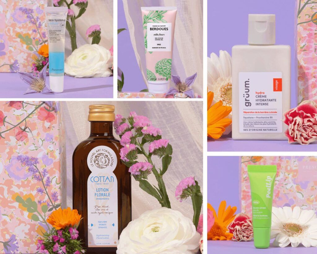 Collage de produits de beauté avec lotion florale Cottan, crème hydratante, gel douche Berdoues et soin lèvres sur fond floral