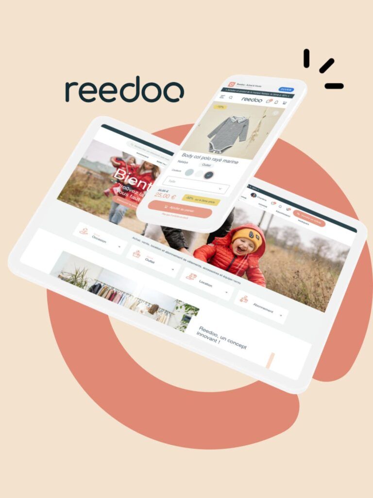 Interface du site Reedoo affichée sur mobile et tablette pour louer des vêtements et accessoires pour enfants
