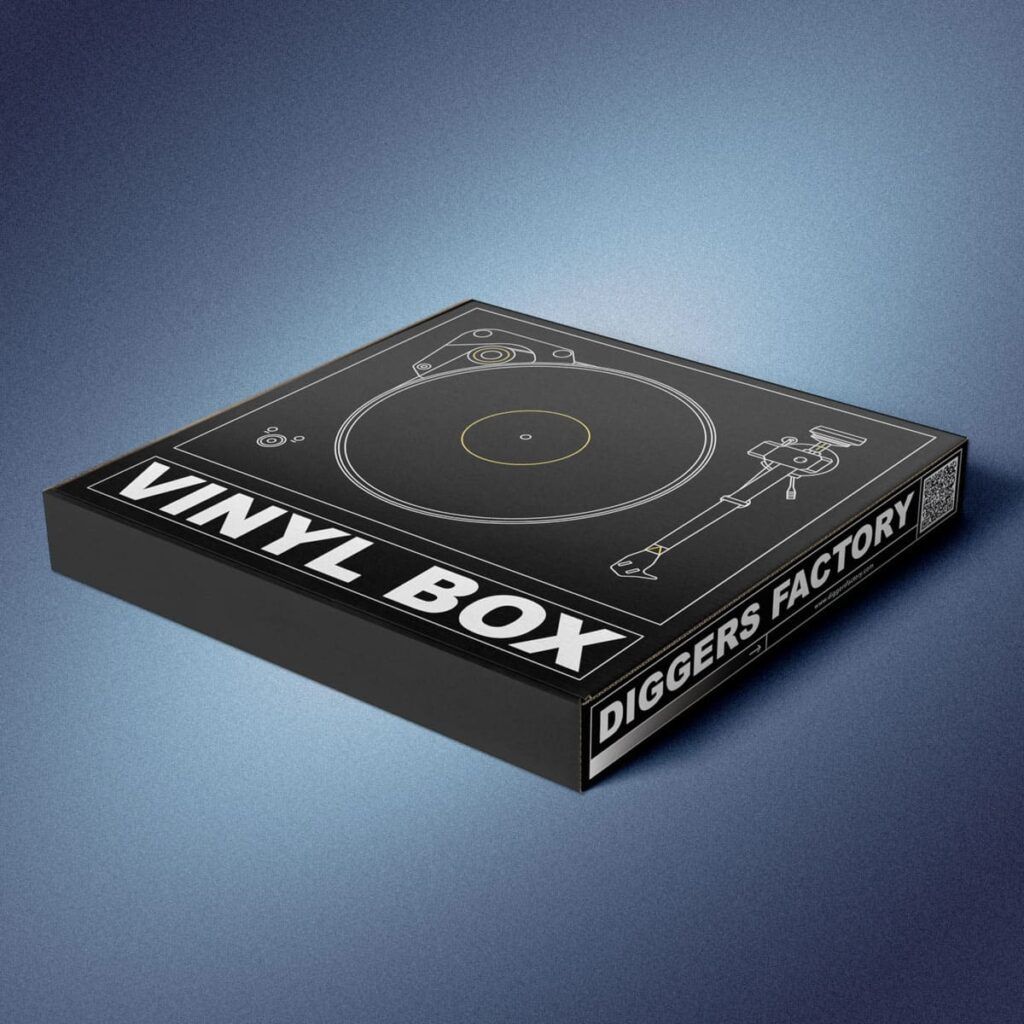 Design du coffret de la vinyle box Diggers Factory avec platine illustrée sur boîte noire
