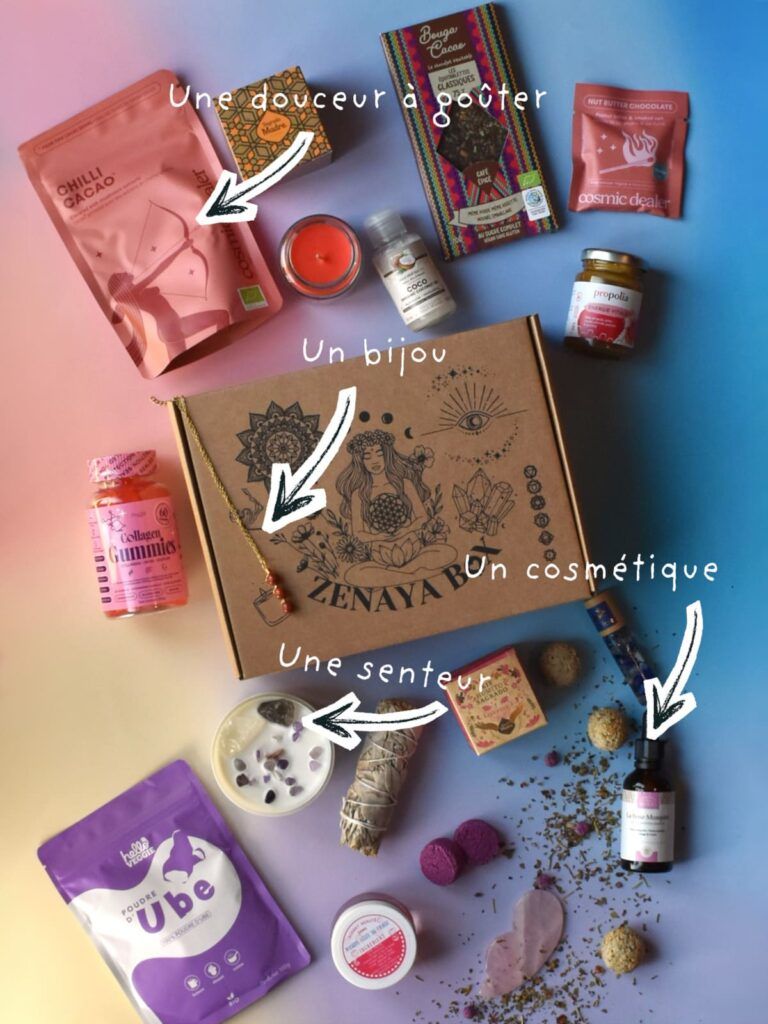 Zenayabox concept box bien-être sensoriel avec boisson cacaotée, bijou, huile, encens et produits de soin