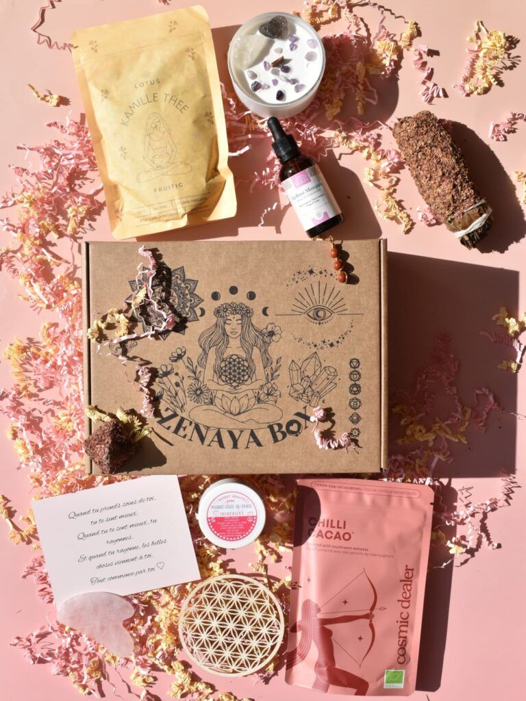 Box bien-être sensorielle contenant infusion, cosmétique naturel, bijou et accessoires de relaxation