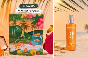 Spoiler Glowria mai 2026 avec la box Voyage à Rio et une brume parfumée Coco Mango de la marque Adopt sur une plage tropicale