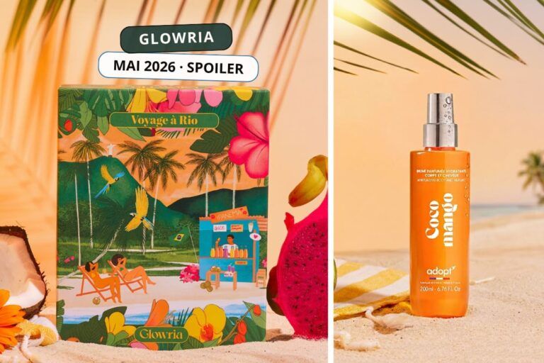 Spoiler Glowria mai 2026 avec la box Voyage à Rio et une brume parfumée Coco Mango de la marque Adopt sur une plage tropicale