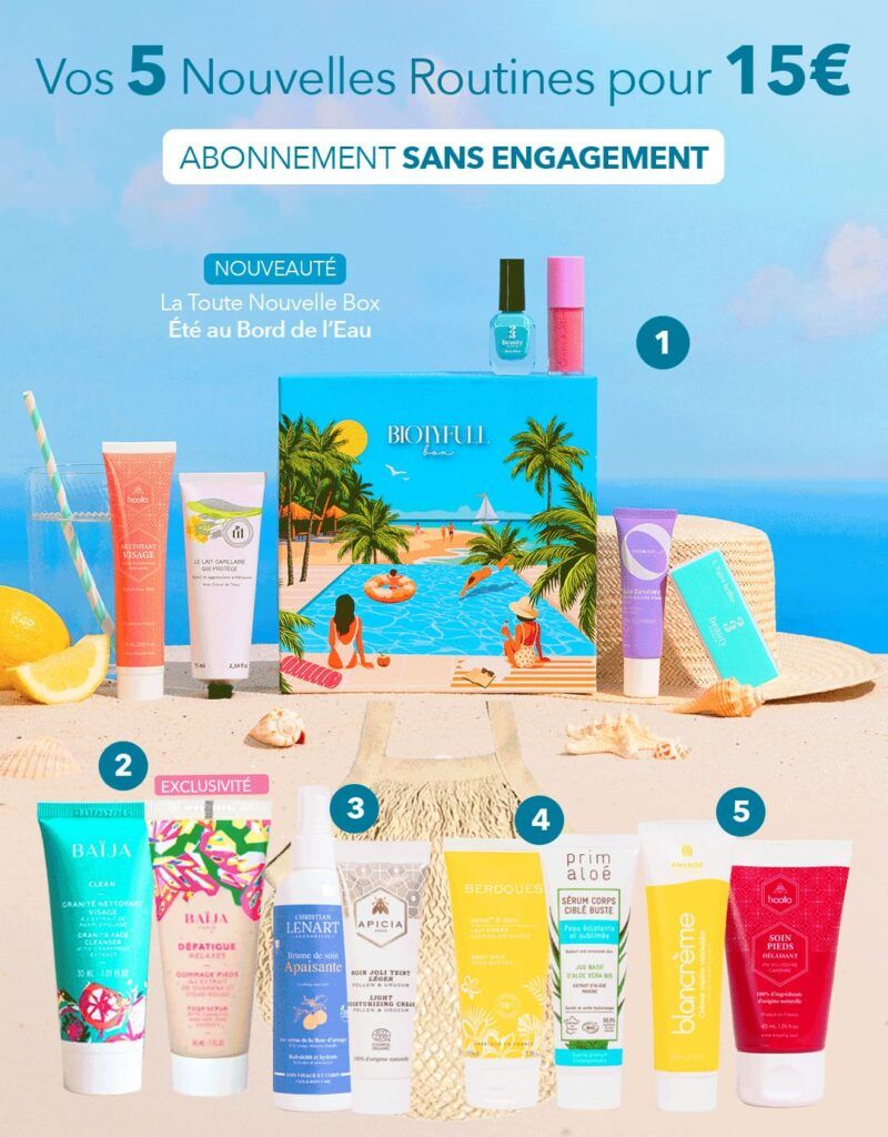 Offre promotionnelle Biotyfull Box avec 5 routines beauté pour 15 euros sans engagement et sélection de produits cosmétiques