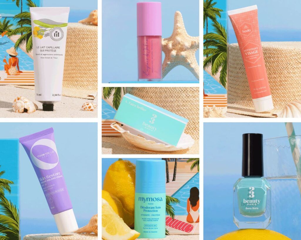 Collage des produits beauté de la Biotyfull Box été avec soins visage, vernis et déodorant