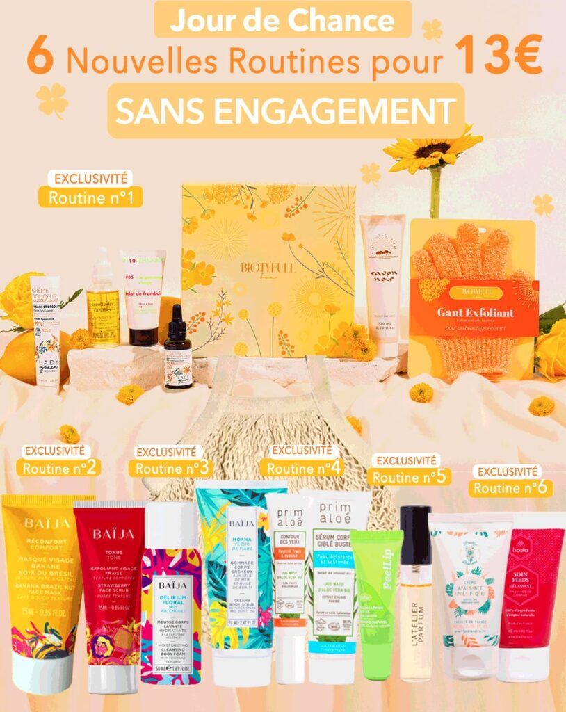 Offre Biotyfull Box valable jusqu’à début juin avec 6 routines beauté pour 13 euros sans engagement et sélection de produits cosmétiques
