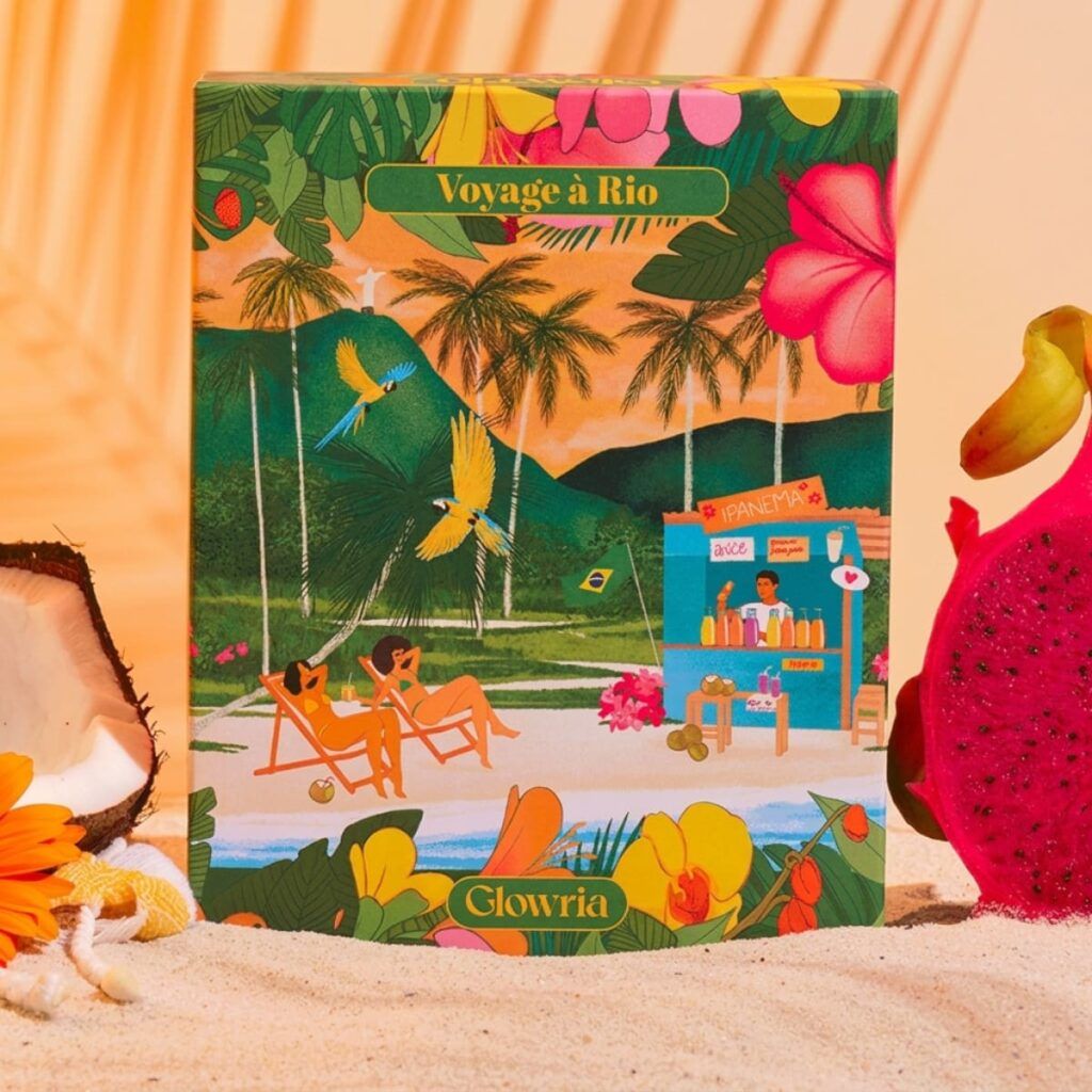 Design de la box Glowria thème Voyage à Rio avec illustration tropicale de plage, palmiers et ambiance estivale