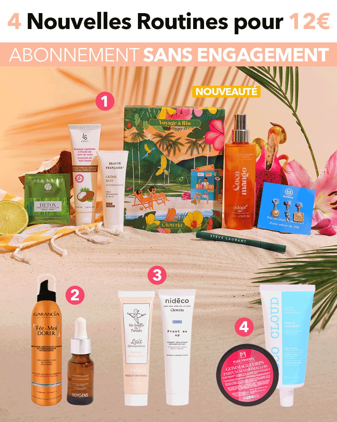 Offre spéciale Glowria proposant 4 nouvelles routines beauté pour 12€ avec abonnement sans engagement