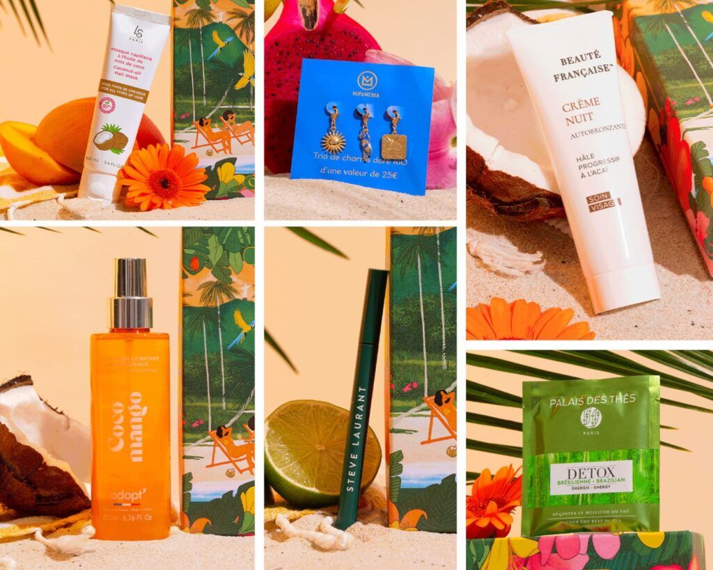 Collage de produits de beauté avec brume parfumée Adopt Coco Mango, crème visage Beauté Française, thé Palais des Thés et accessoires