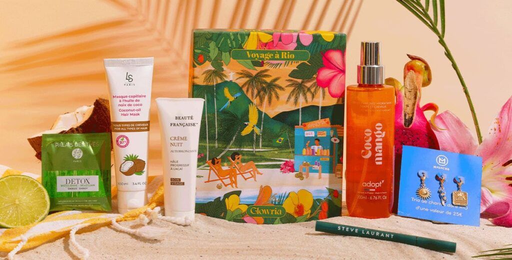 Spoiler complet Glowria mai 2026 avec box Voyage à Rio, produits cosmétiques variés et brume parfumée Adopt Coco Mango