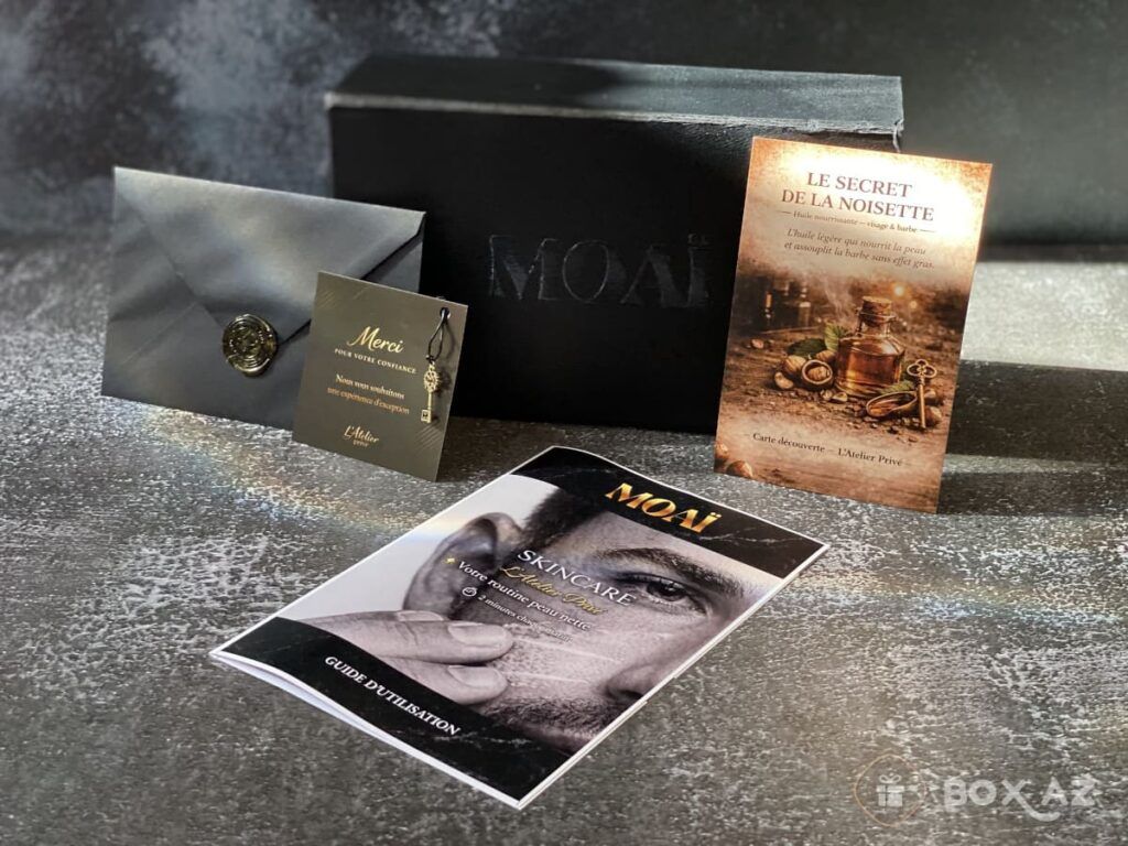 Contenu du coffret homme avec brochure de routine visage, carte cadeau et accès privé aux groupe Facebook