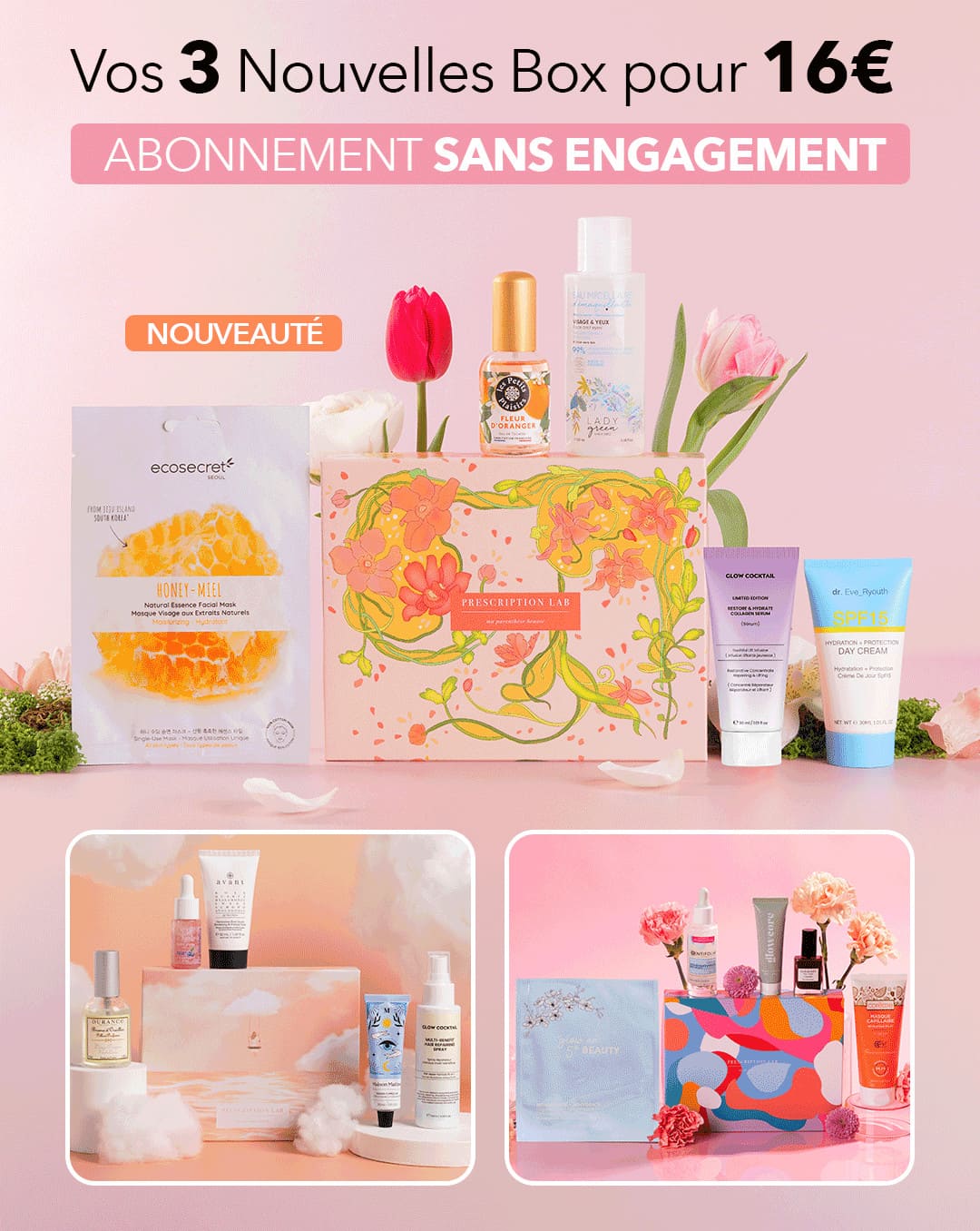 Offre de trois box beauté à 16€ avec abonnement sans engagement, sélection de produits cosmétiques et coffret au design fleuri