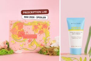 Spoiler Prescription Lab mai 2026 avec la box beauté fleurie et une crème visage SPF15 Dr. Eve Ryouth en avant-plan