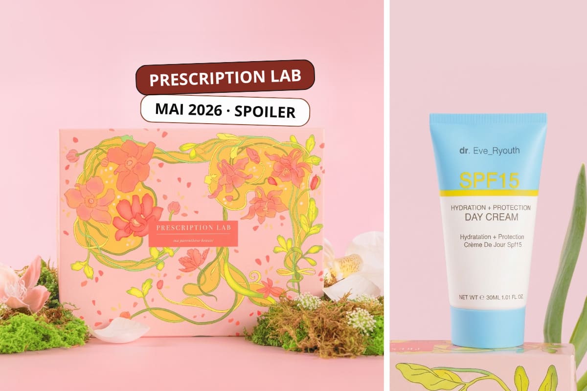 Spoiler Prescription Lab mai 2026 avec la box beauté fleurie et une crème visage SPF15 Dr. Eve Ryouth en avant-plan