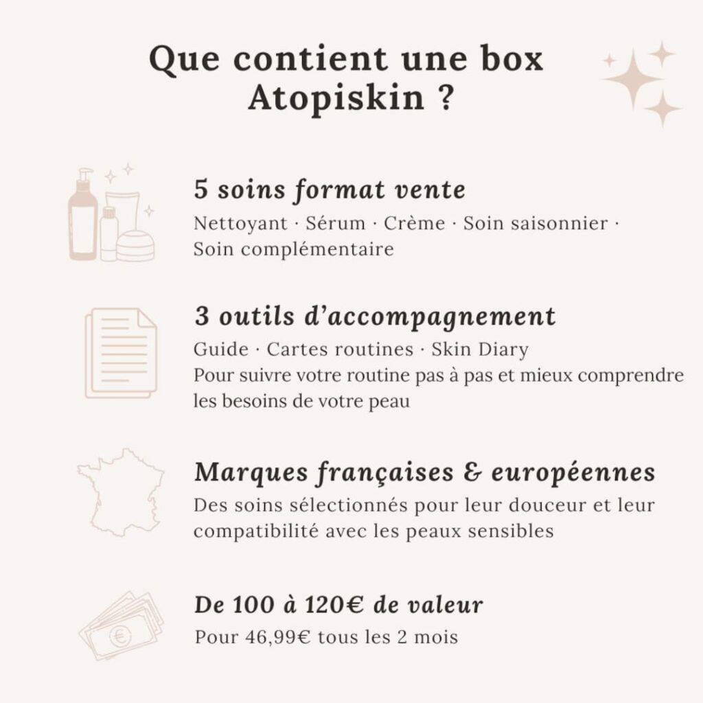 Infographie présentant les soins, outils d’accompagnement et avantages d’une routine beauté pour peau sensible
