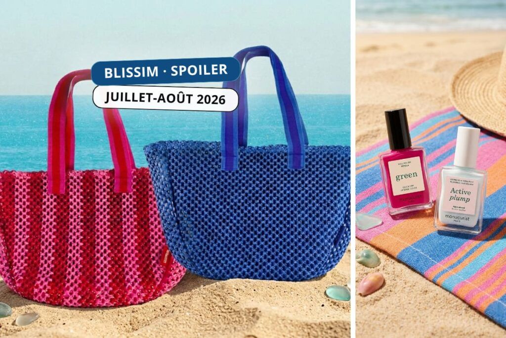 Spoiler de la double box été Blissim juillet-août 2026 avec les deux sacs colorés de l'édition estivale et les vernis Manucurist assortis