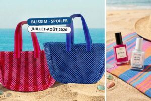 Spoiler de la double box été Blissim juillet-août 2026 avec les deux sacs colorés de l'édition estivale et les vernis Manucurist assortis