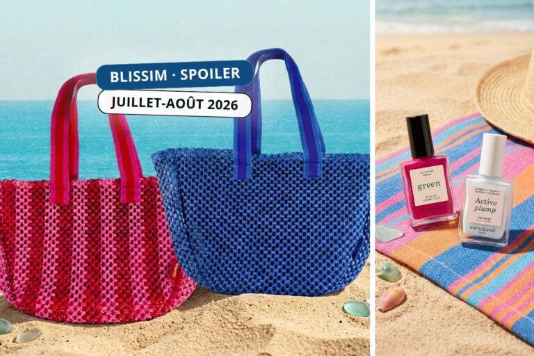 Spoiler de la double box été Blissim juillet-août 2026 avec les deux sacs colorés de l'édition estivale et les vernis Manucurist assortis