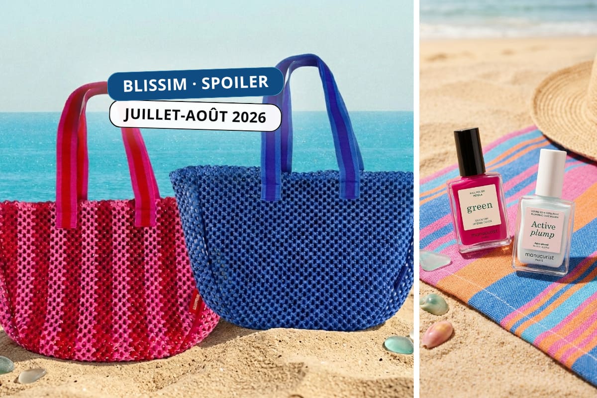 Spoiler de la double box été Blissim juillet-août 2026 avec les deux sacs colorés de l'édition estivale et les vernis Manucurist assortis