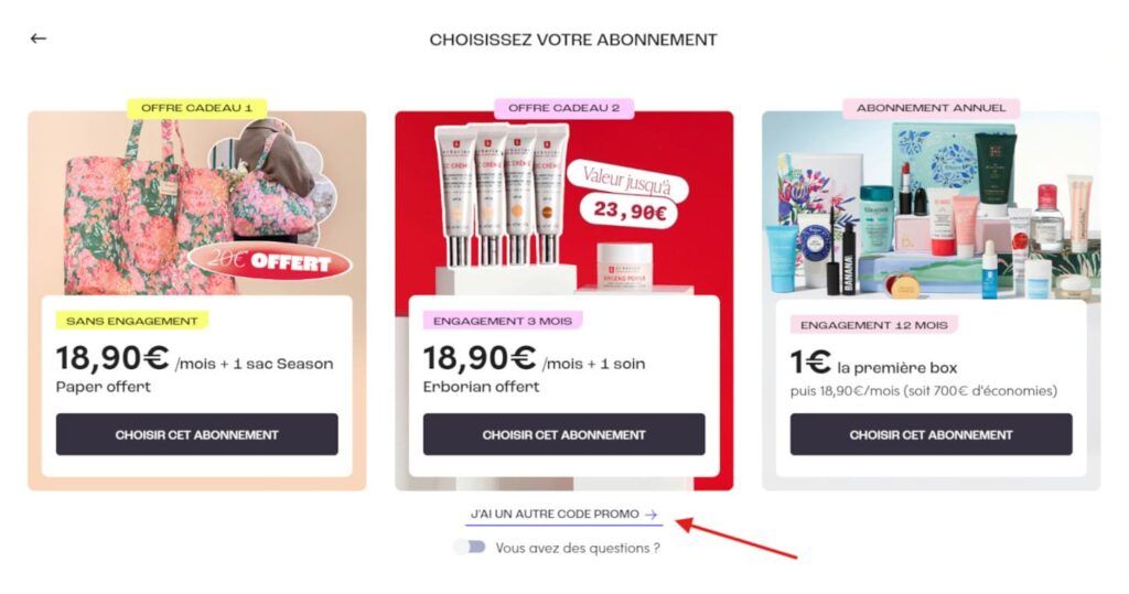 Capture d'écran du site Blissim montrant comment profiter des codes promo en plus de la box beauté en collaboration avec Faustine Bollaert