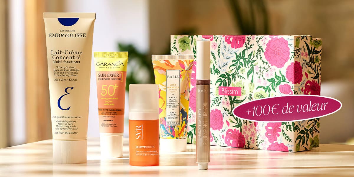 Contenu de la box Faustine Bollaert x Blissim de juin 2026 avec les produits Embryolisse, Garancia, SVR, Baïja et Tarte.
