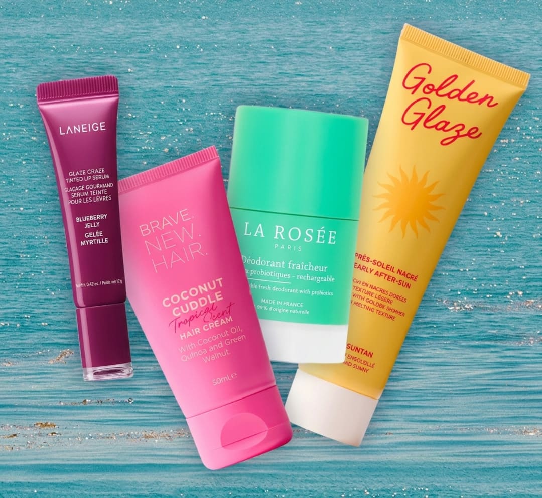 Produits de la double box Blissim été 2026 avec un sérum lèvres Laneige, un soin capillaire Brave New Hair, un déodorant La Rosée et un après-soleil Golden Glaze