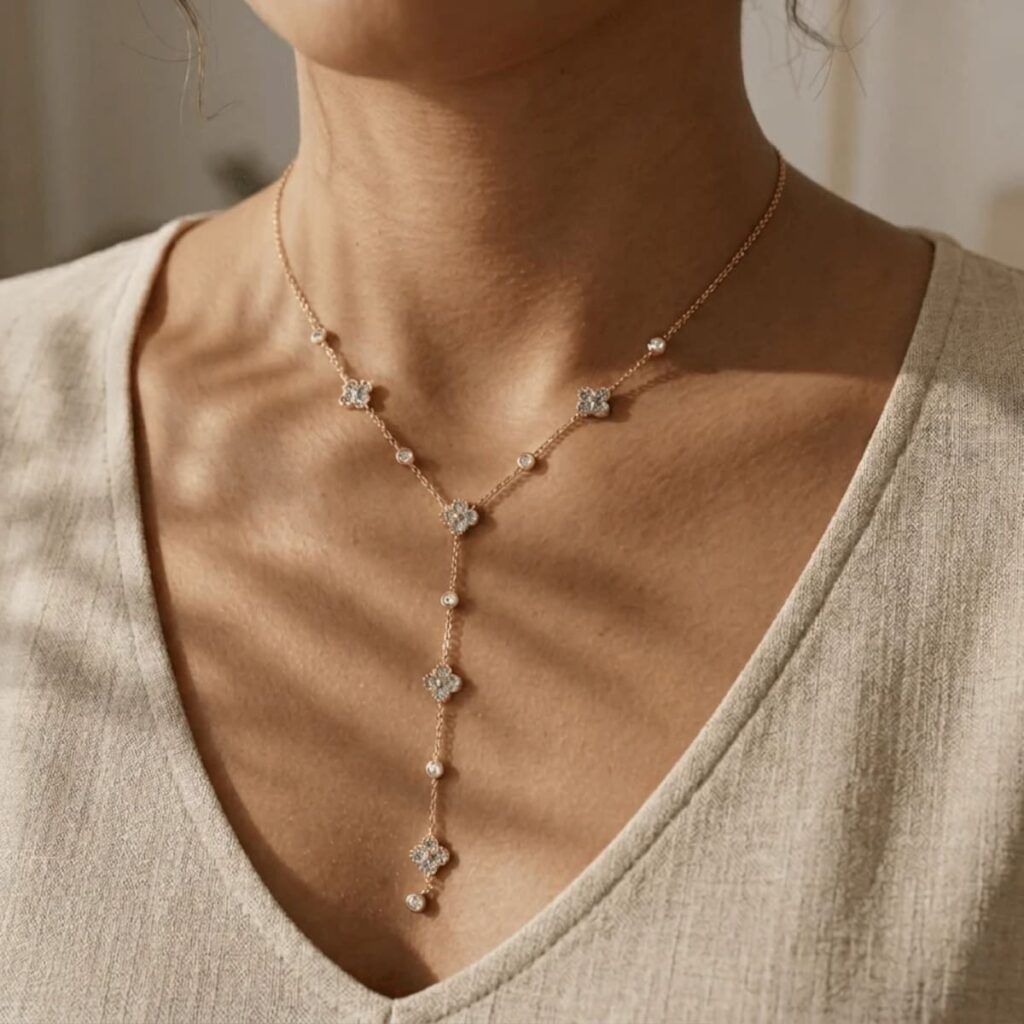 Collier doré porté autour du cou, exemple de bijou reçu dans la box bijoux La BB