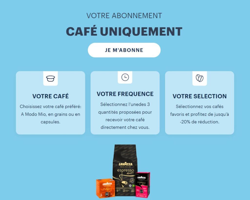 Présentation de l'abonnement café uniquement avec choix du format, fréquence de livraison et sélection personnalisée
