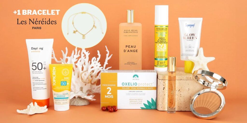Box beauté solaire Marie Claire avec SPF50, soins bronzage et accessoires