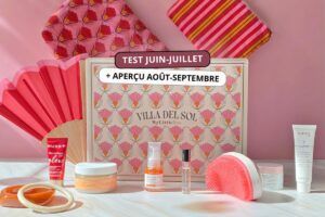 Test de la double My Little Box juin-juillet 2026 Villa del Sol avec les produits beauté et accessoires présentés devant le coffret