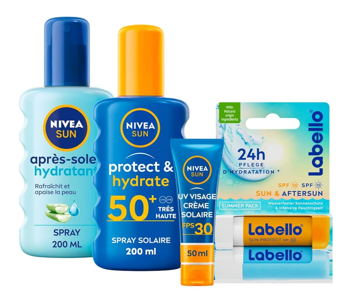 Coffret NIVEA SUN avec spray solaire SPF50+, soin visage SPF30 et après-soleil hydratant