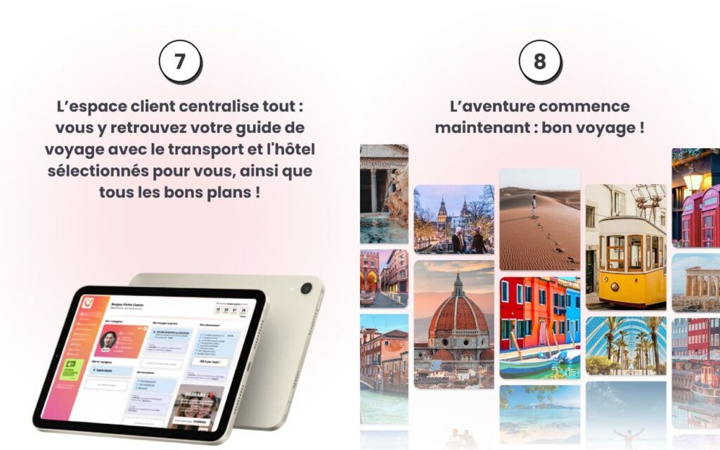 Espace client regroupant les informations du séjour, les transports, l'hôtel et les conseils de voyage