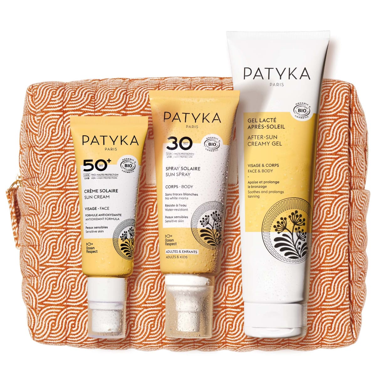 Produits solaires Patyka dans une trousse estivale avec SPF30 et SPF50+