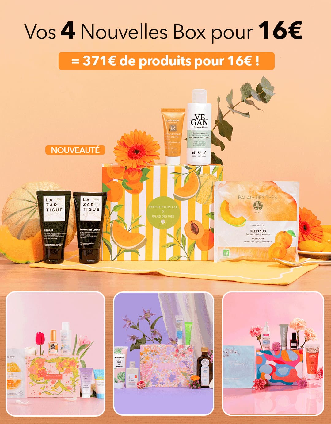 Offre de 4 box beauté pour 16€ avec engagement de 12 mois, sélection de produits cosmétiques et coffret au design de fruits