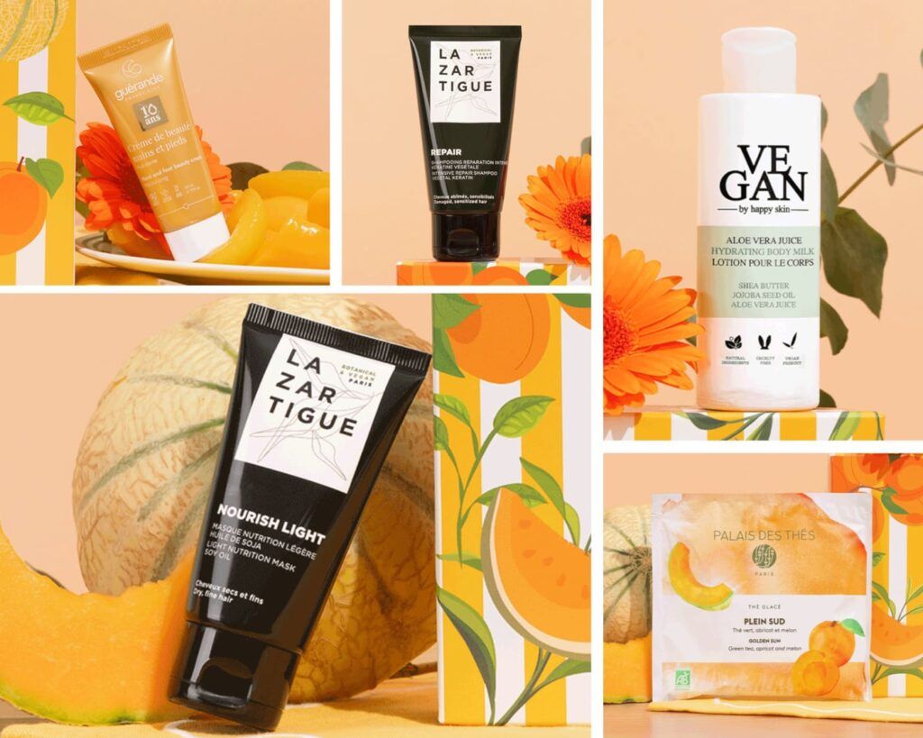 Collage de produits de beauté comprenant des soins Lazartigue, une lotion Vegan by Happy Skin, une crème Guérande et un thé Palais des Thés