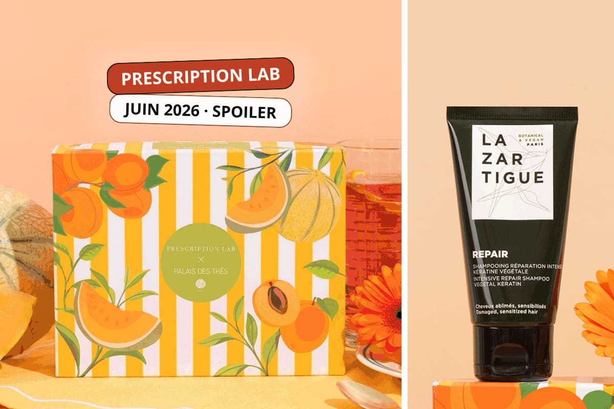 Spoiler Prescription Lab juin 2026 : box en collaboration avec Palais des Thés et shampoing réparateur Lazartigue dévoilé parmi les produits de l'édition estivale
