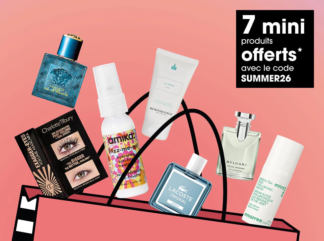 Contenu de la Sephora Box Summer Essentials 2026 avec 7 mini-produits beauté de Charlotte Tilbury, Amika, Lacoste et Bvlgari