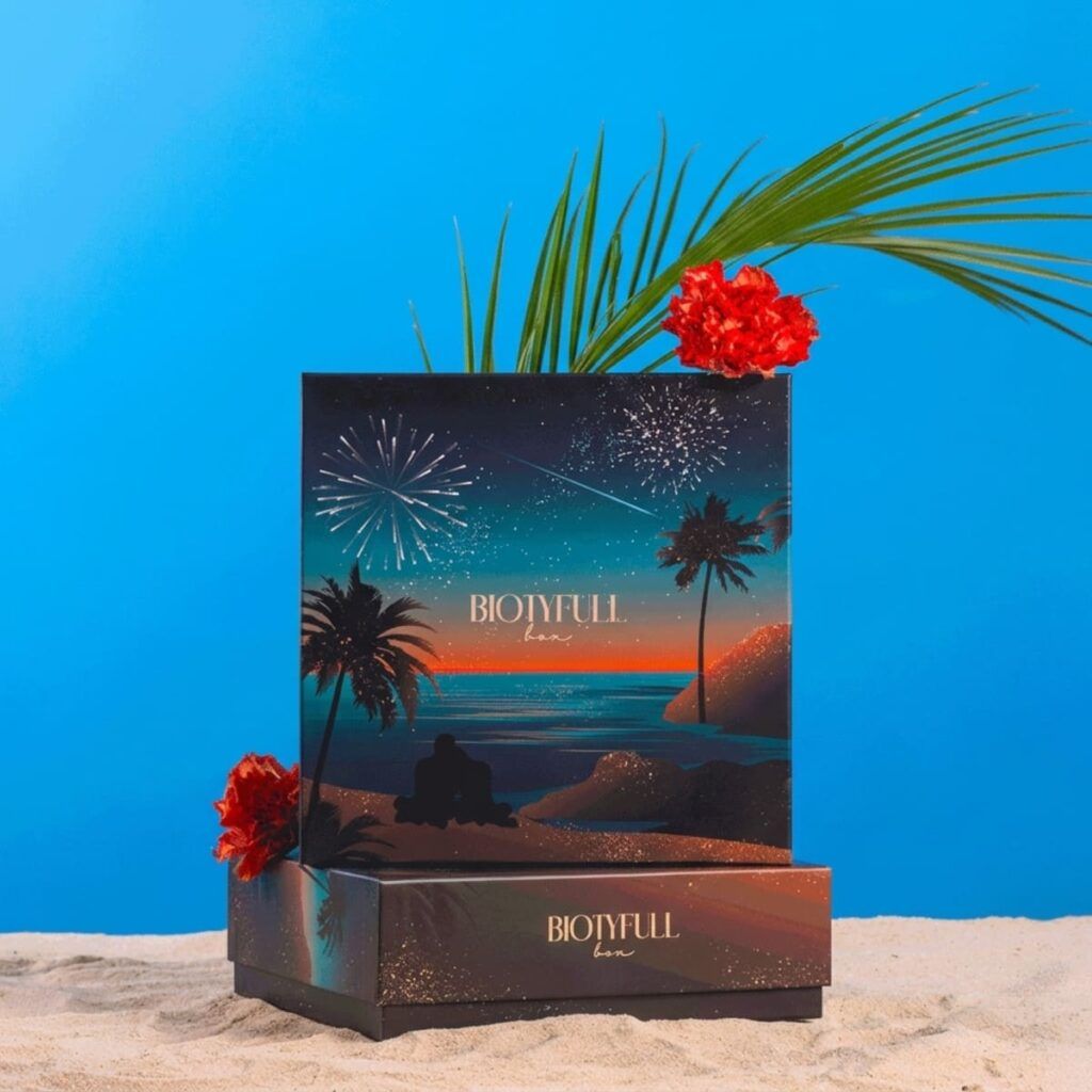 Design de la box Sunset Étoilé avec coucher de soleil, palmiers, feux d’artifice et ciel étoilé