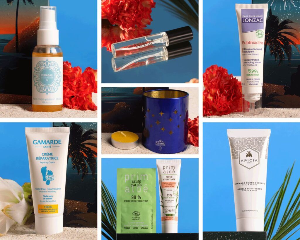 Sélection de produits de beauté Jonzac, Pura Bali, Gamarde, Apicia et Prim Aloé en collage
